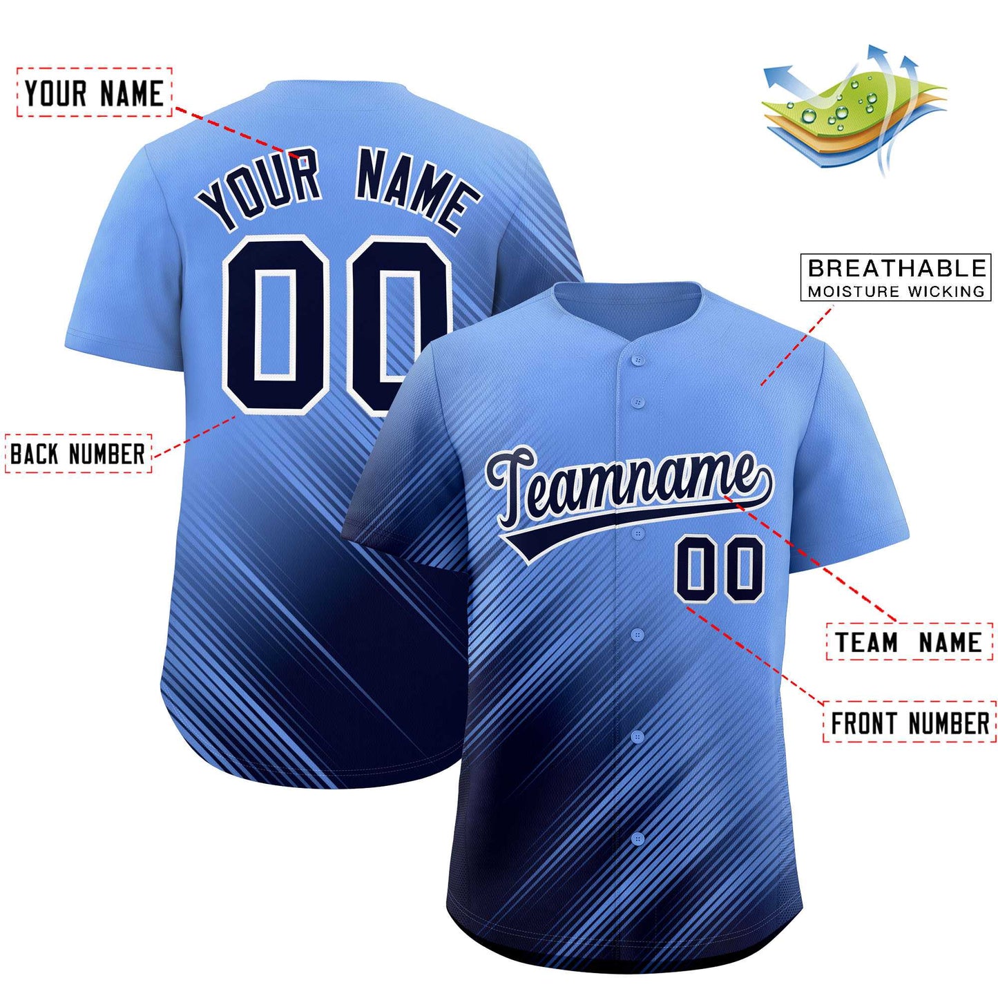 Custom Light Blue Navy Diagonal Stripe Personalized Gradient Fashion Baseball Jersey Limited