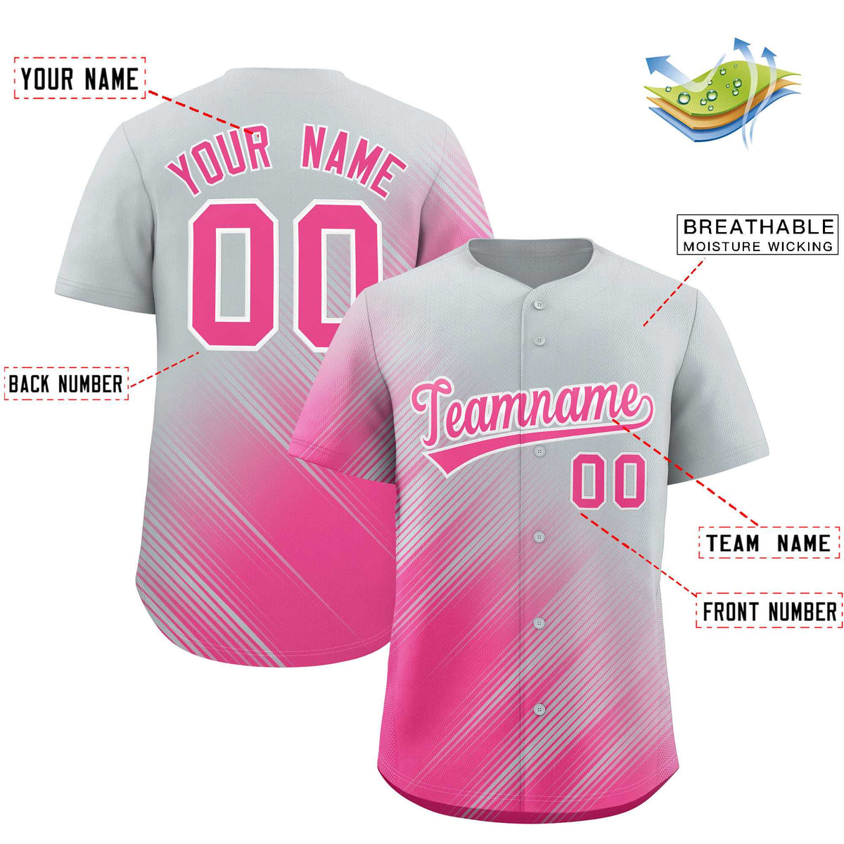 Custom Silver Pink Diagonal Stripe Personalized Gradient Fashion Baseball Jersey Limited