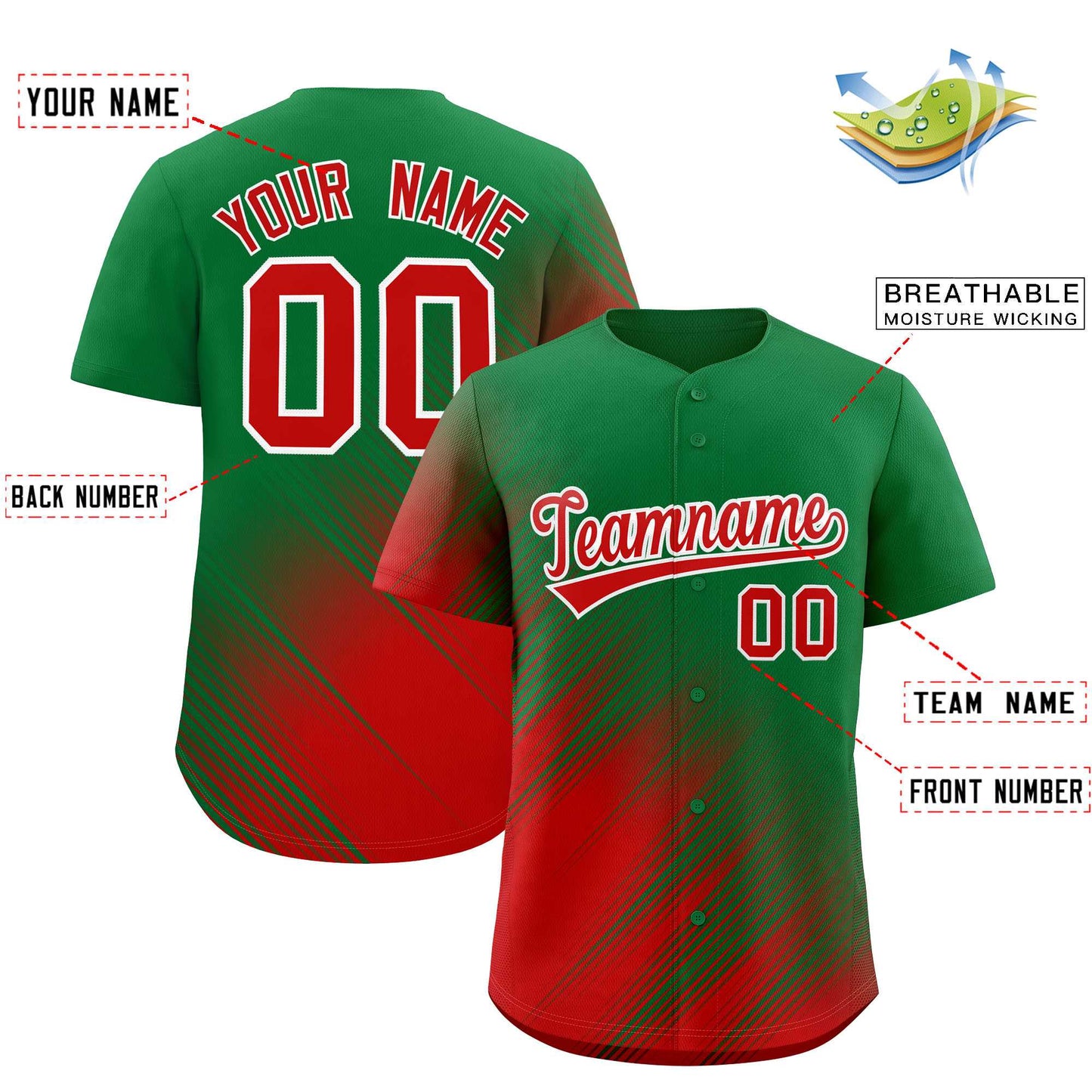 Custom Kelly Green Red Diagonal Stripe Personalized Gradient Fashion Baseball Jersey Limited