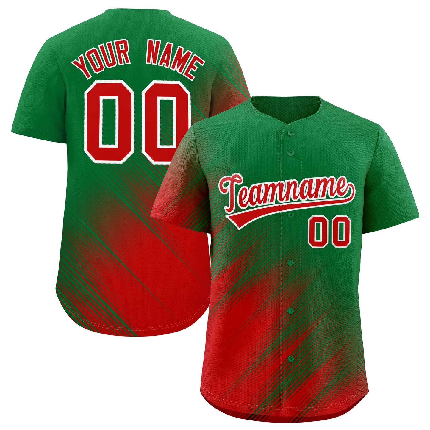 Custom Kelly Green Red Diagonal Stripe Personalized Gradient Fashion Baseball Jersey
