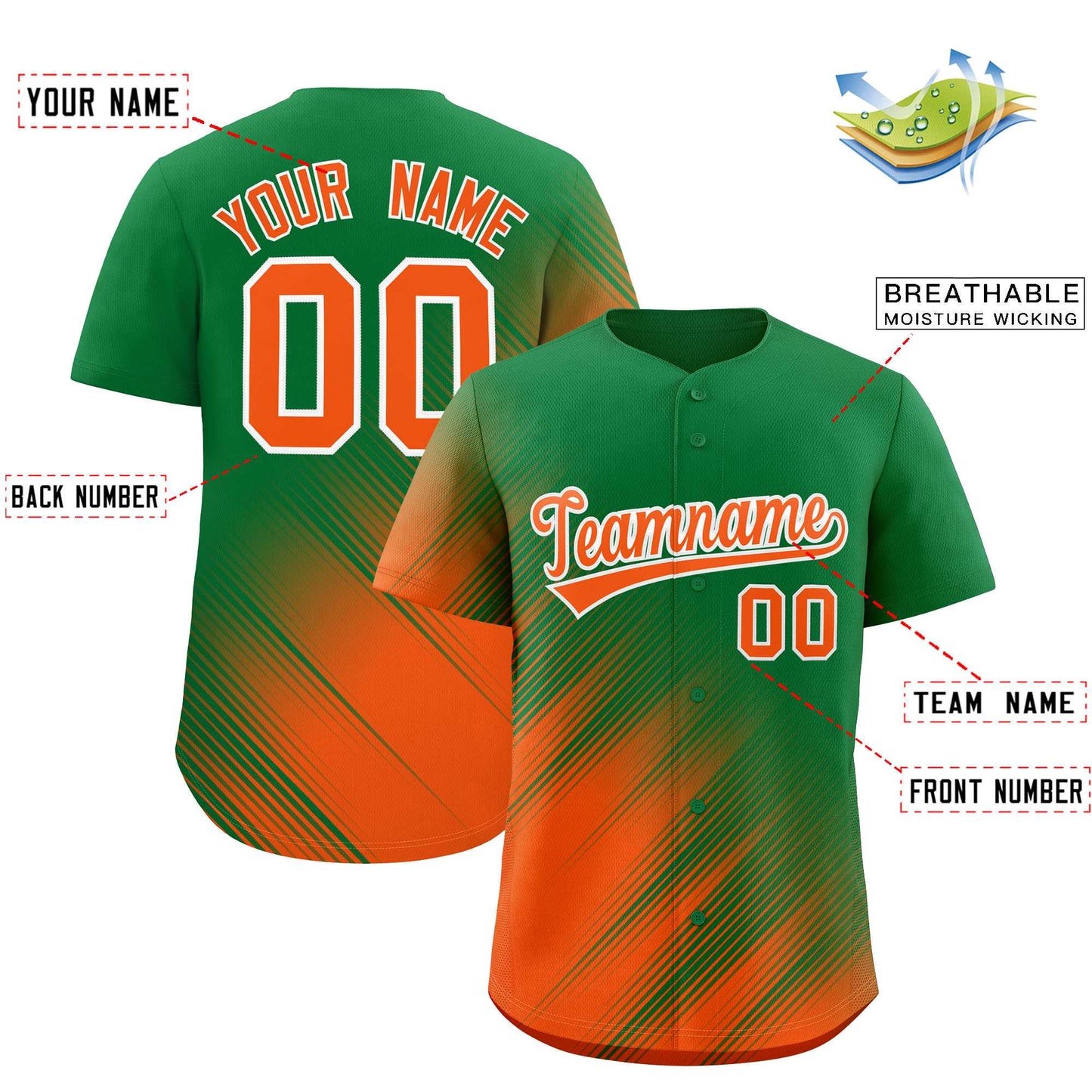 Custom Kelly Green Orange Diagonal Stripe Personalized Gradient Fashion Baseball Jersey Limited