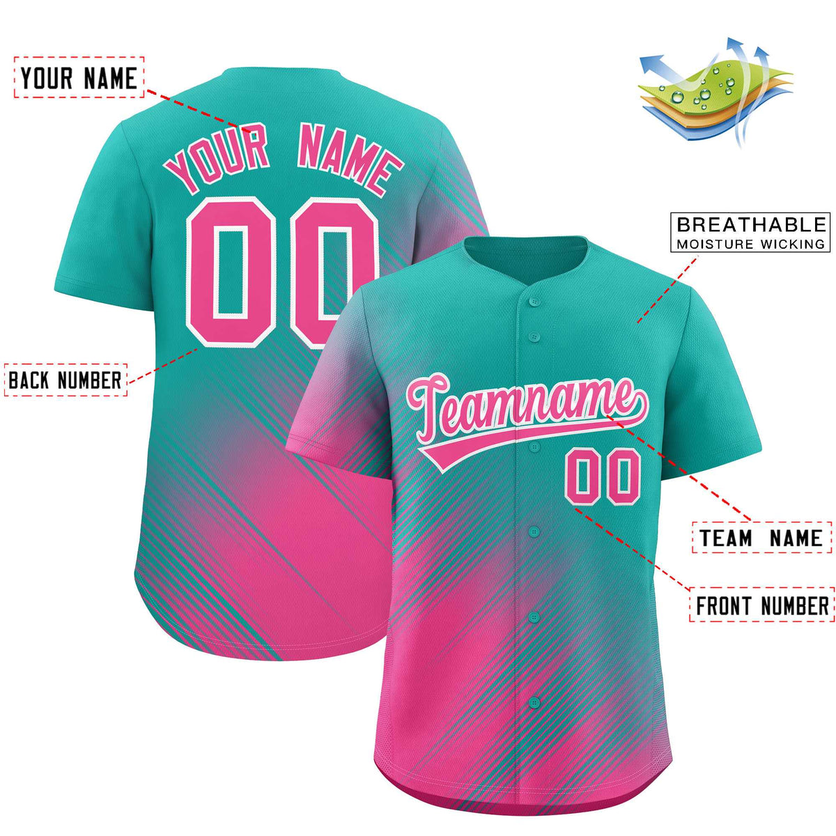 Custom Aqua Pink Diagonal Stripe Personalized Gradient Fashion Baseball Jersey Limited