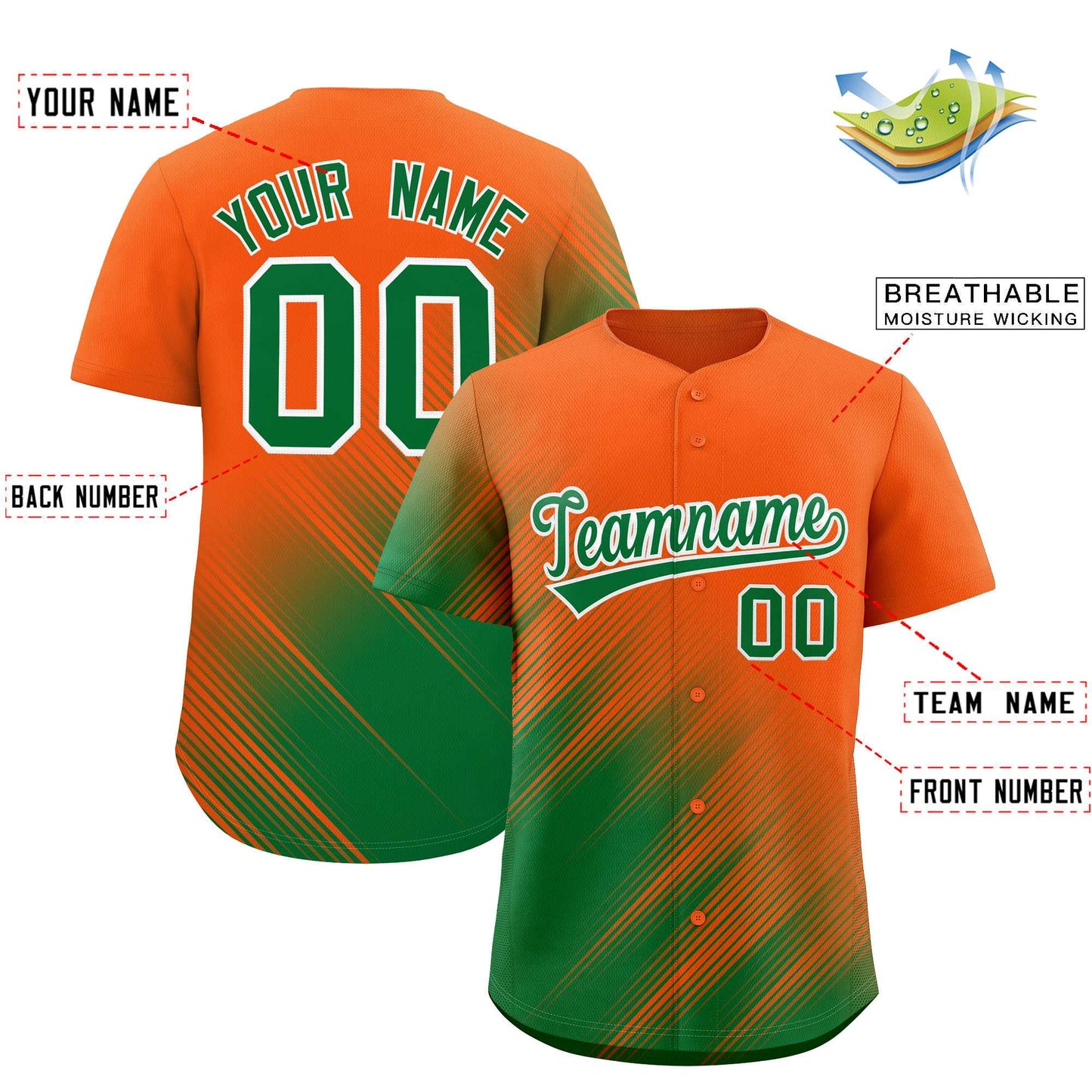 Custom Orange Kelly Green Diagonal Stripe Personalized Gradient Fashion Baseball Jersey Limited
