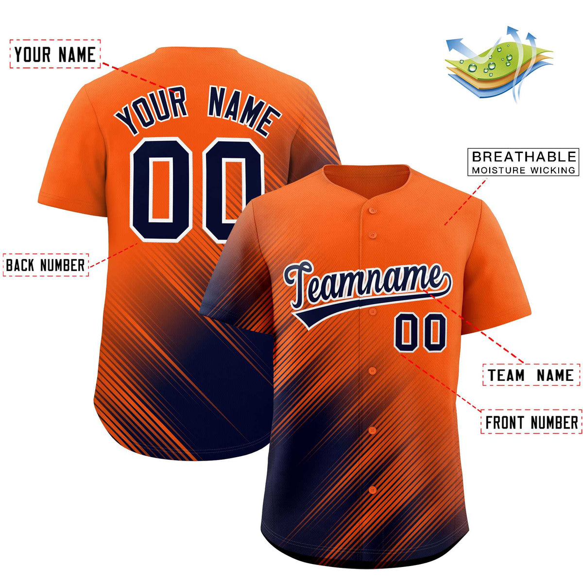 Custom Orange Navy Diagonal Stripe Personalized Gradient Fashion Baseball Jersey Limited