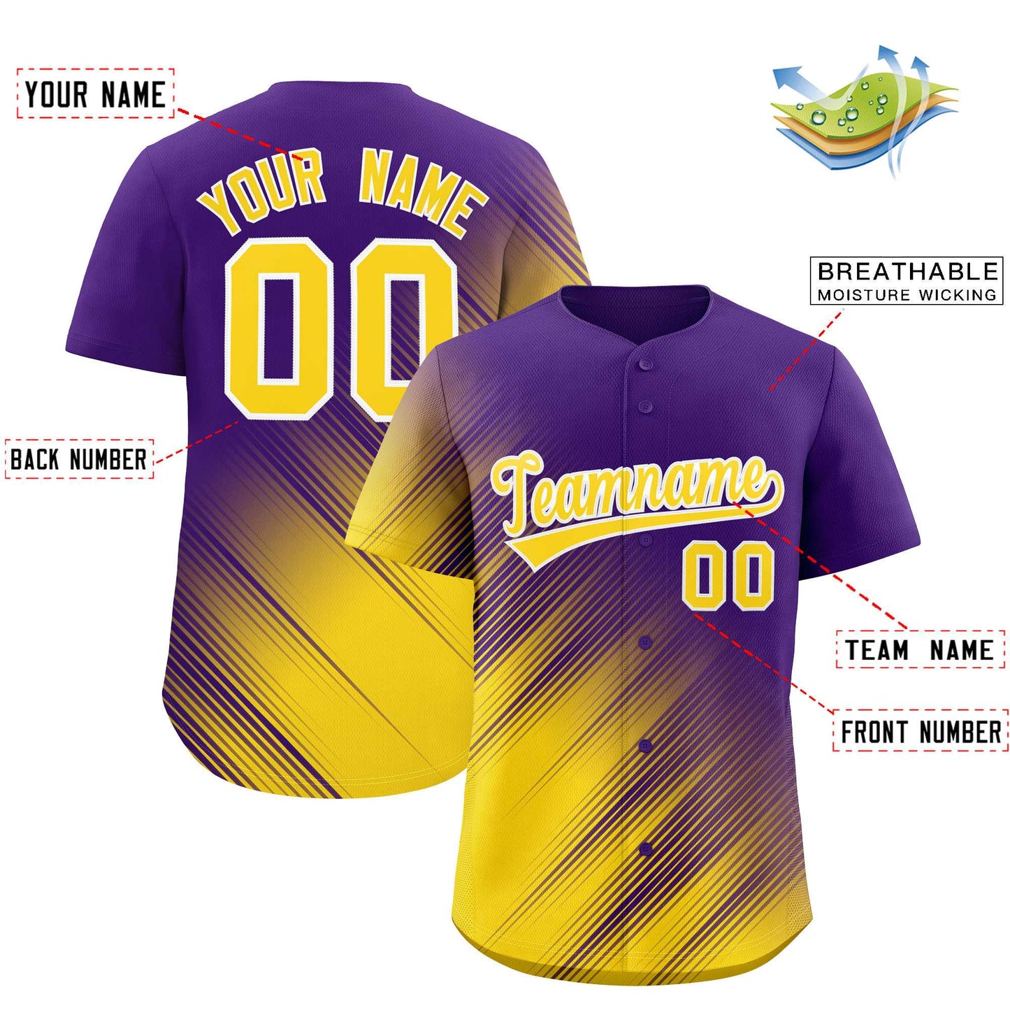 Custom Purple Gold Diagonal Stripe Personalized Gradient Fashion Baseball Jersey Limited