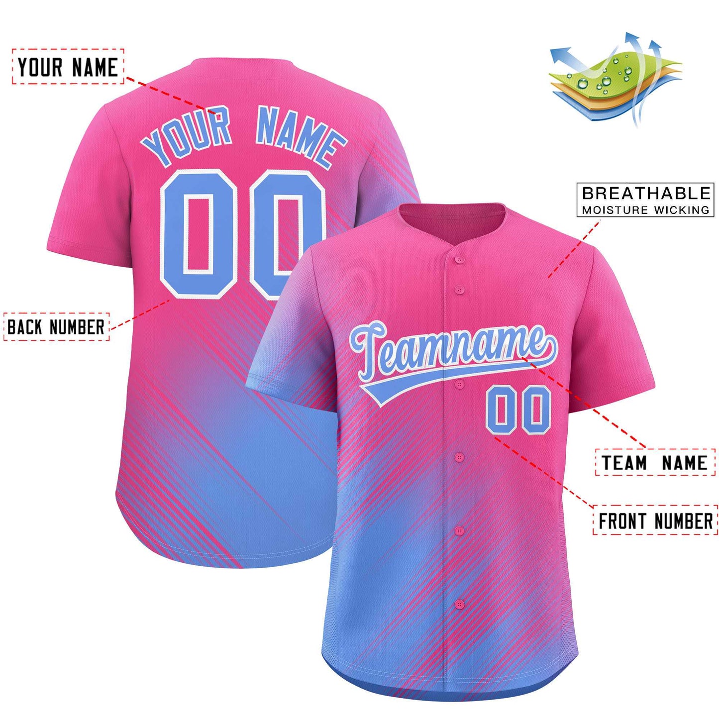 Custom Pink Light Blue Diagonal Stripe Personalized Gradient Fashion Baseball Jersey Limited