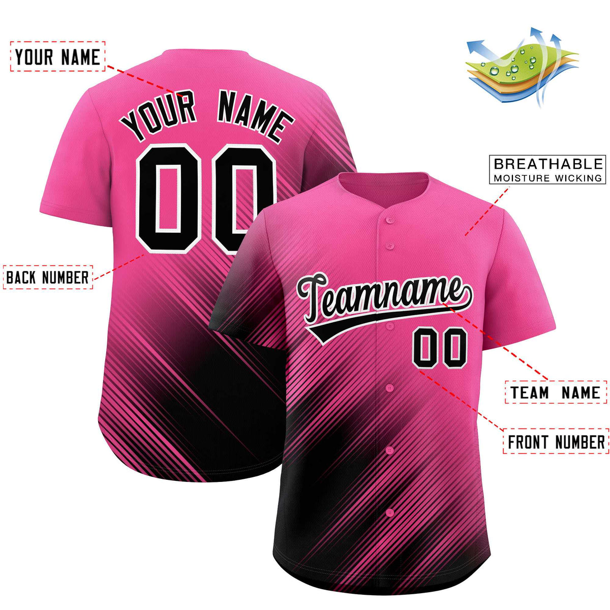Custom Pink Black Diagonal Stripe Personalized Gradient Fashion Baseball Jersey Limited