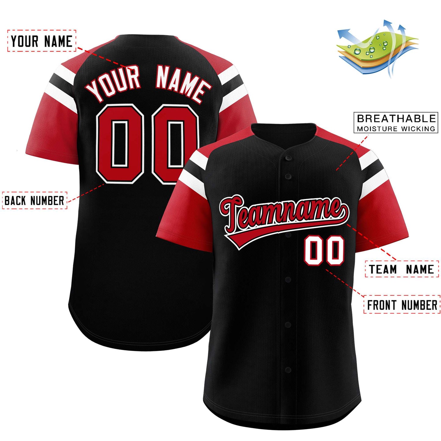 Custom Black Red Contrast Raglan Sleeves Authentic Baseball Jersey Limited