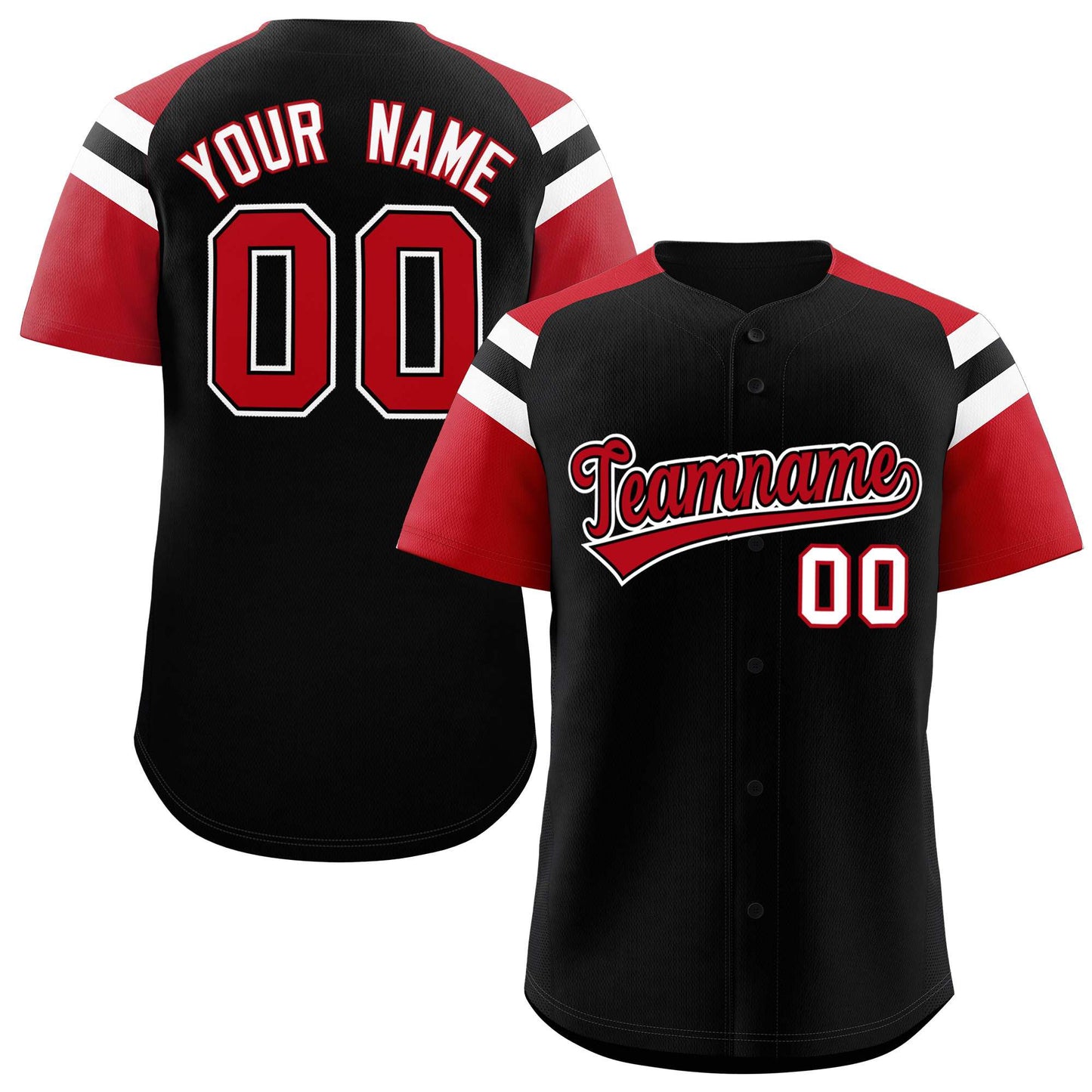 Custom Black Red Contrast Raglan Sleeves Authentic Baseball Jersey