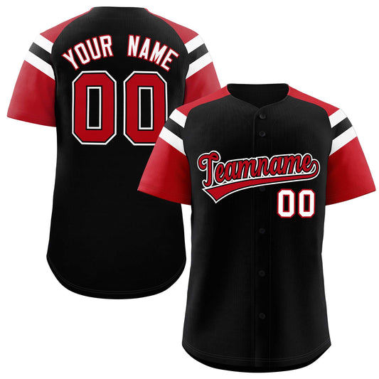 Custom Black Red Contrast Raglan Sleeves Authentic Baseball Jersey