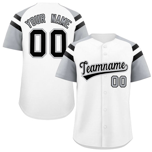 Custom White Silver Contrast Raglan Sleeves Authentic Baseball Jersey
