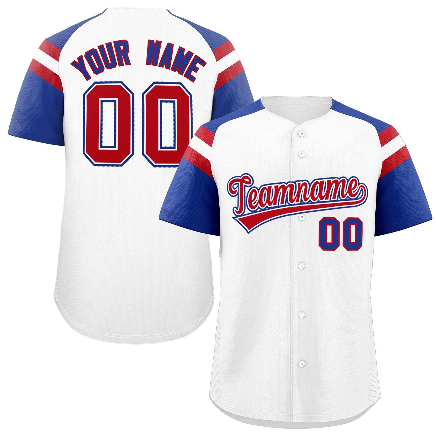 Custom White Royal Contrast Raglan Sleeves Authentic Baseball Jersey