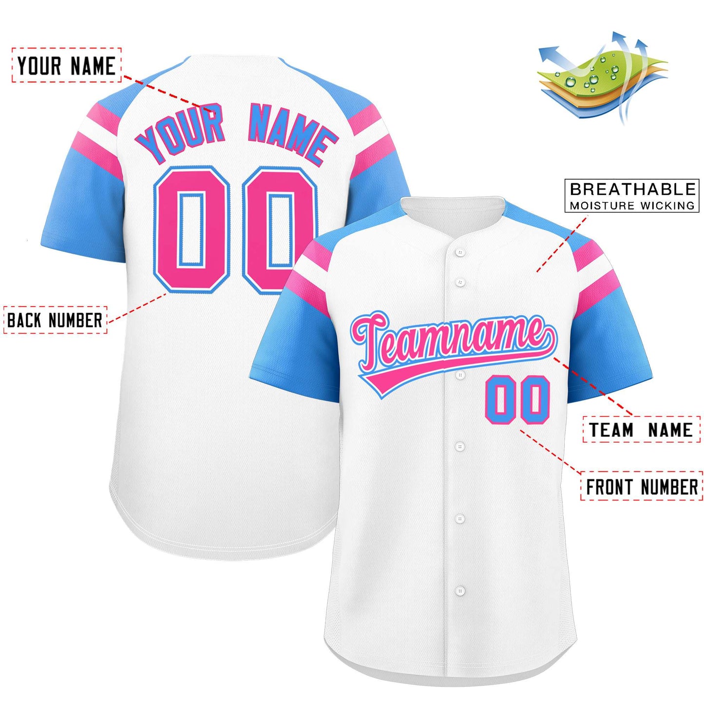 Custom White Powder Blue Contrast Raglan Sleeves Authentic Baseball Jersey Limited