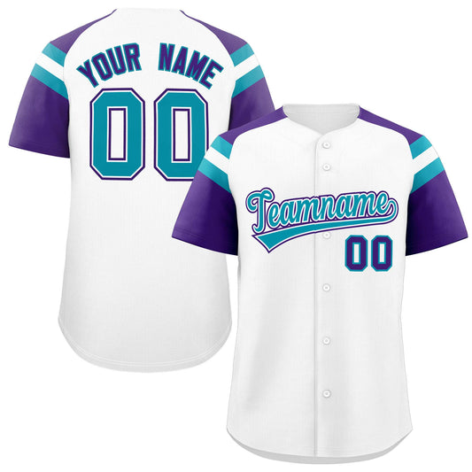 Custom White Purple Contrast Raglan Sleeves Authentic Baseball Jersey