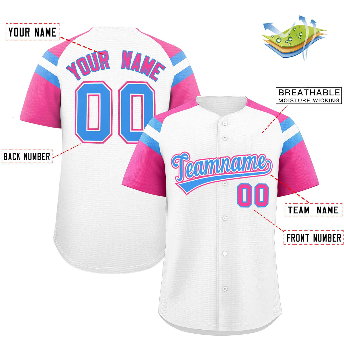 Custom White Pink Contrast Raglan Sleeves Authentic Baseball Jersey Limited