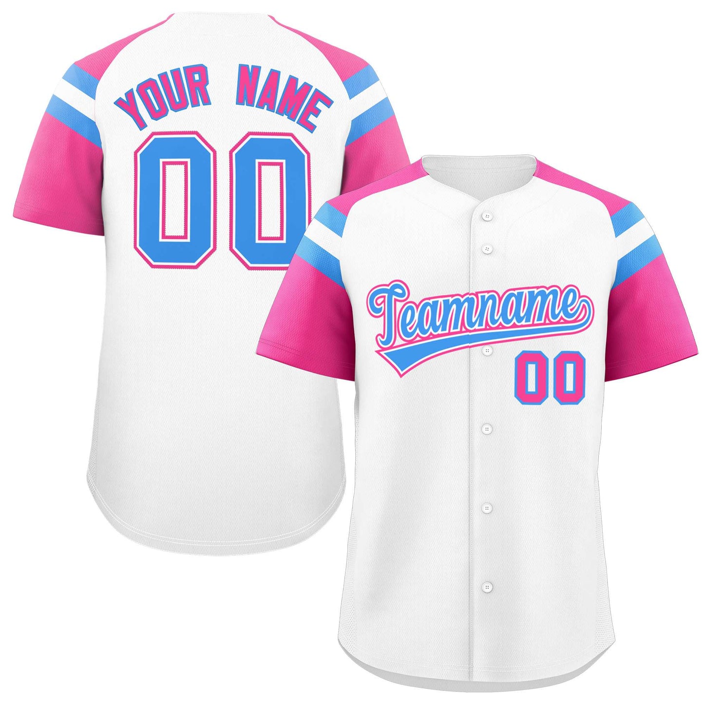 Custom White Pink Contrast Raglan Sleeves Authentic Baseball Jersey