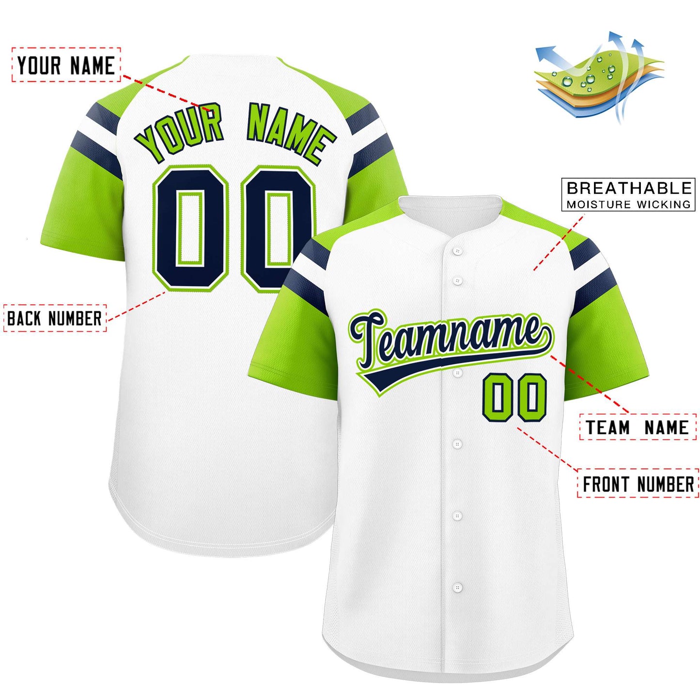 Custom White Neon Green Contrast Raglan Sleeves Authentic Baseball Jersey Limited