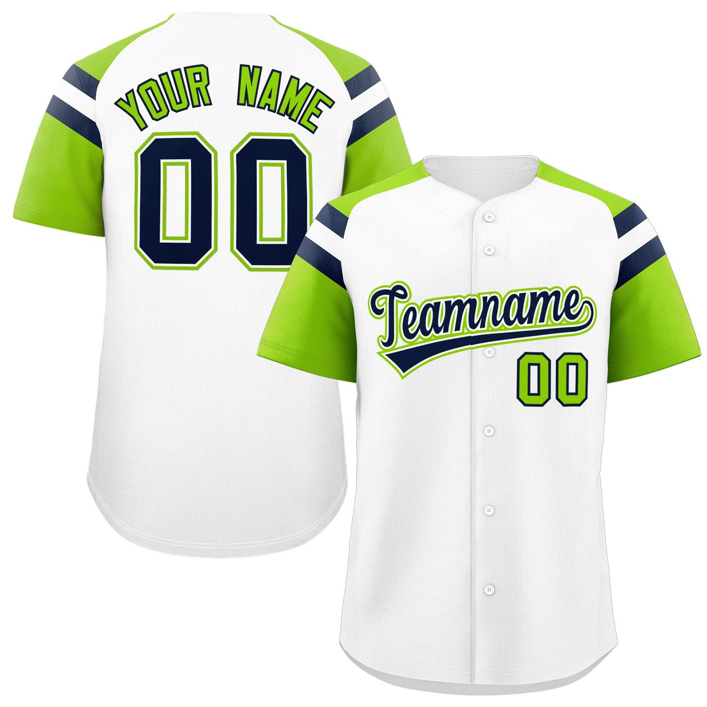 Custom White Neon Green Contrast Raglan Sleeves Authentic Baseball Jersey