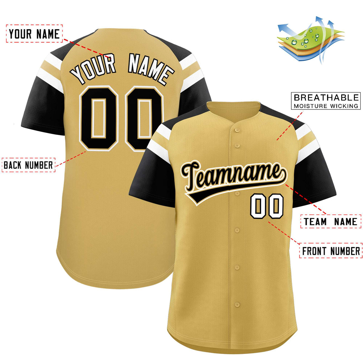 Custom Old Gold Black Contrast Raglan Sleeves Authentic Baseball Jersey Limited