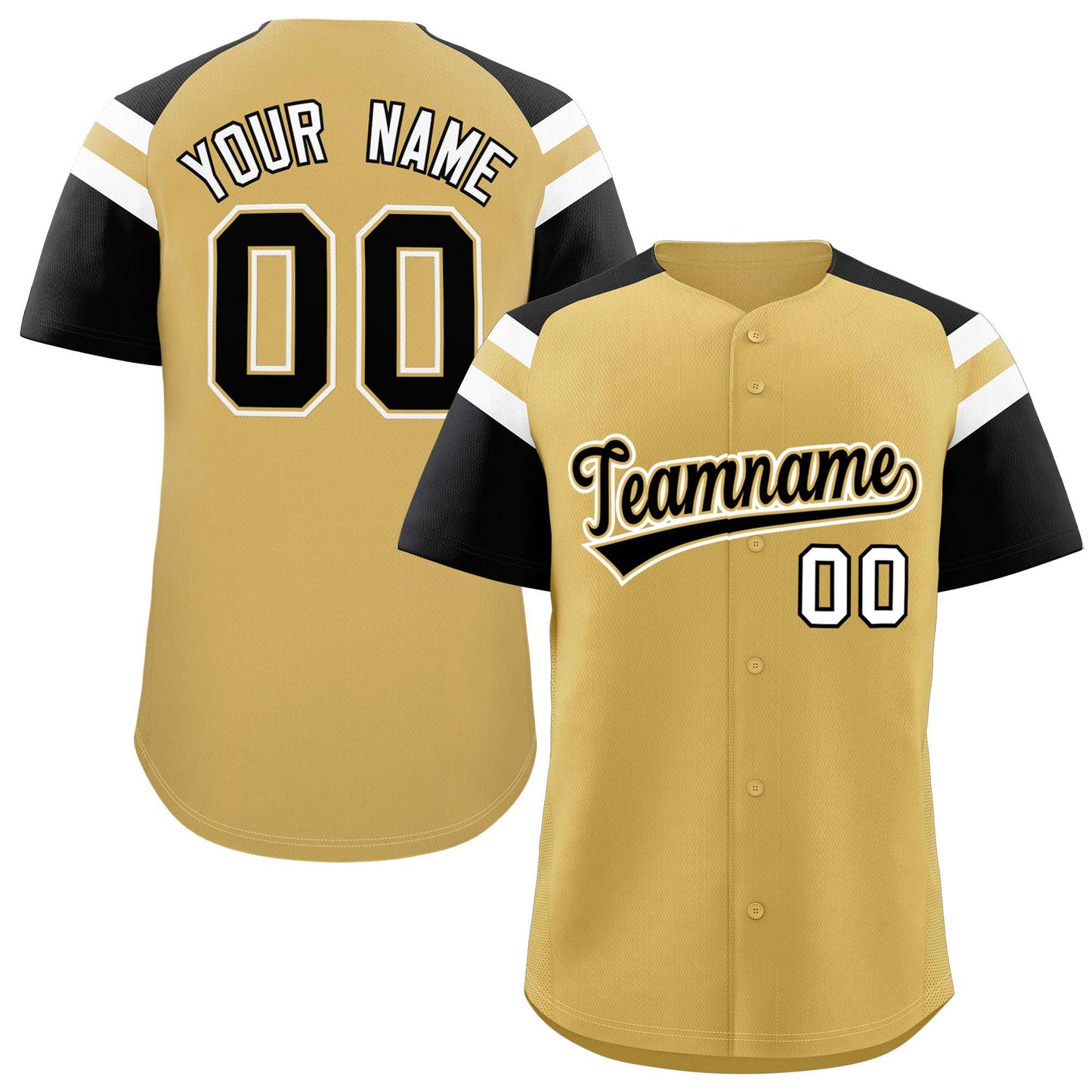 Custom Old Gold Black Contrast Raglan Sleeves Authentic Baseball Jersey