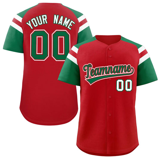 Custom Red Kelly Green Contrast Raglan Sleeves Authentic Baseball Jersey