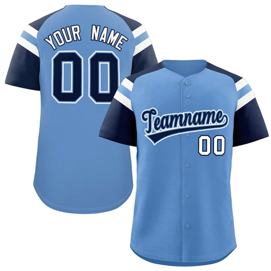 Custom Light Blue Navy Contrast Raglan Sleeves Authentic Baseball Jersey