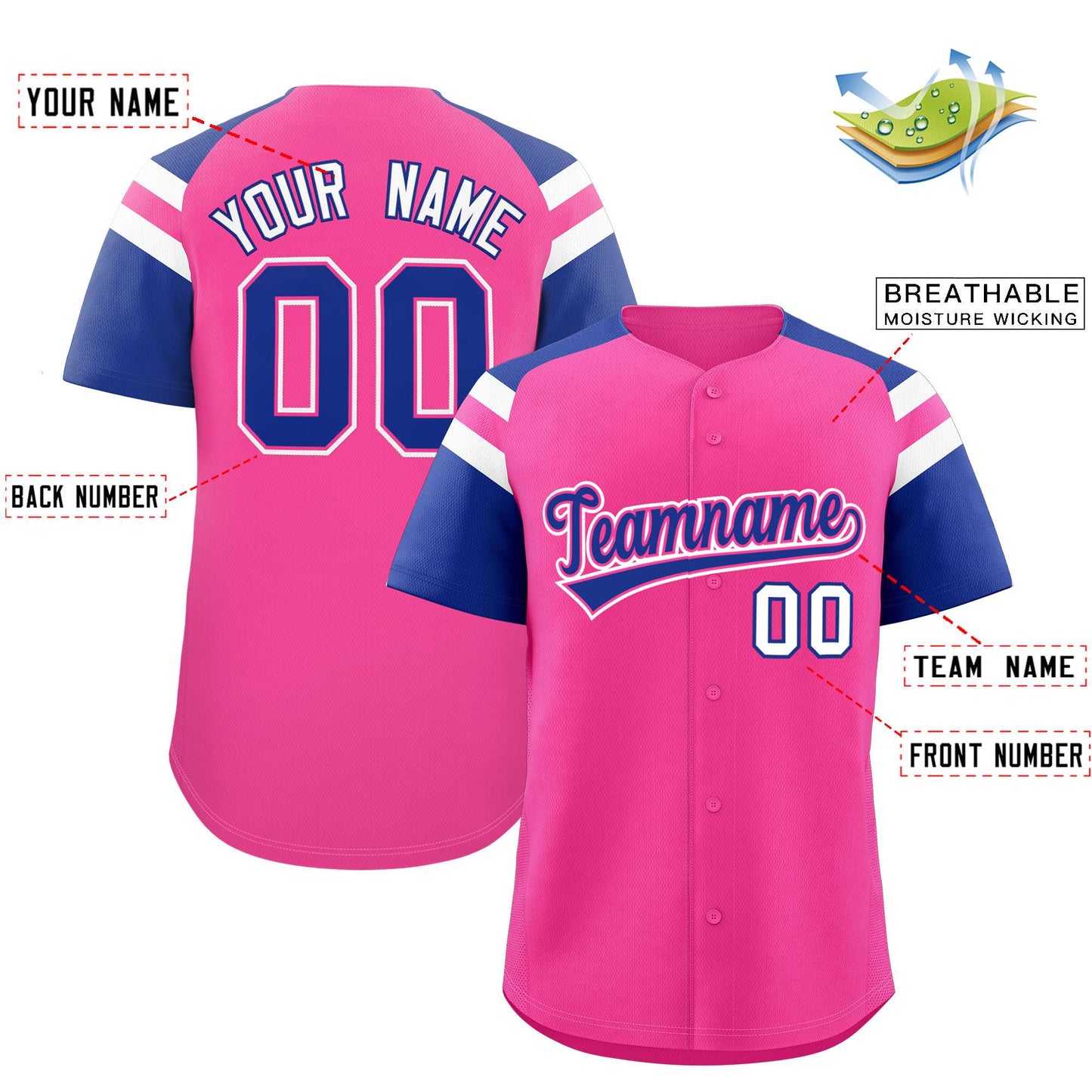 Custom Pink Royal Contrast Raglan Sleeves Authentic Baseball Jersey Limited