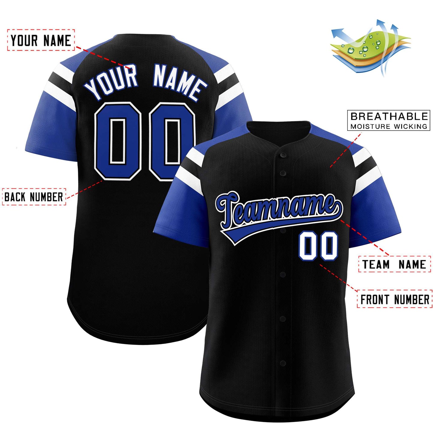 Custom Black Royal Contrast Raglan Sleeves Authentic Baseball Jersey Limited