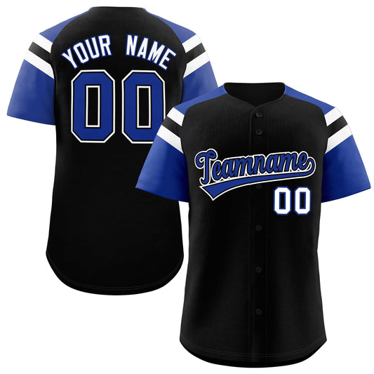 Custom Black Royal Contrast Raglan Sleeves Authentic Baseball Jersey