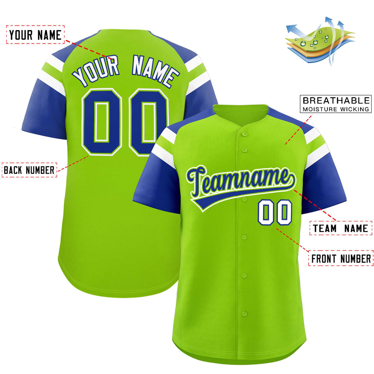 Custom Neon Green Royal Contrast Raglan Sleeves Authentic Baseball Jersey Limited
