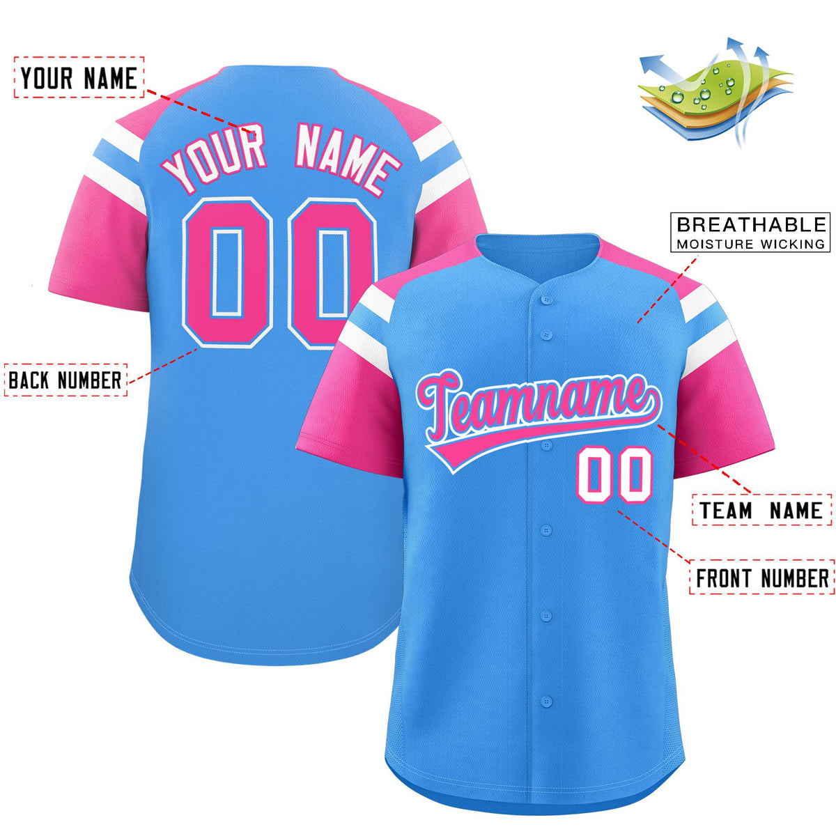 Custom Powder Blue Pink Contrast Raglan Sleeves Authentic Baseball Jersey Limited
