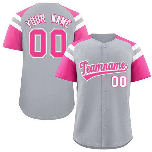 Custom Silver Pink Contrast Raglan Sleeves Authentic Baseball Jersey