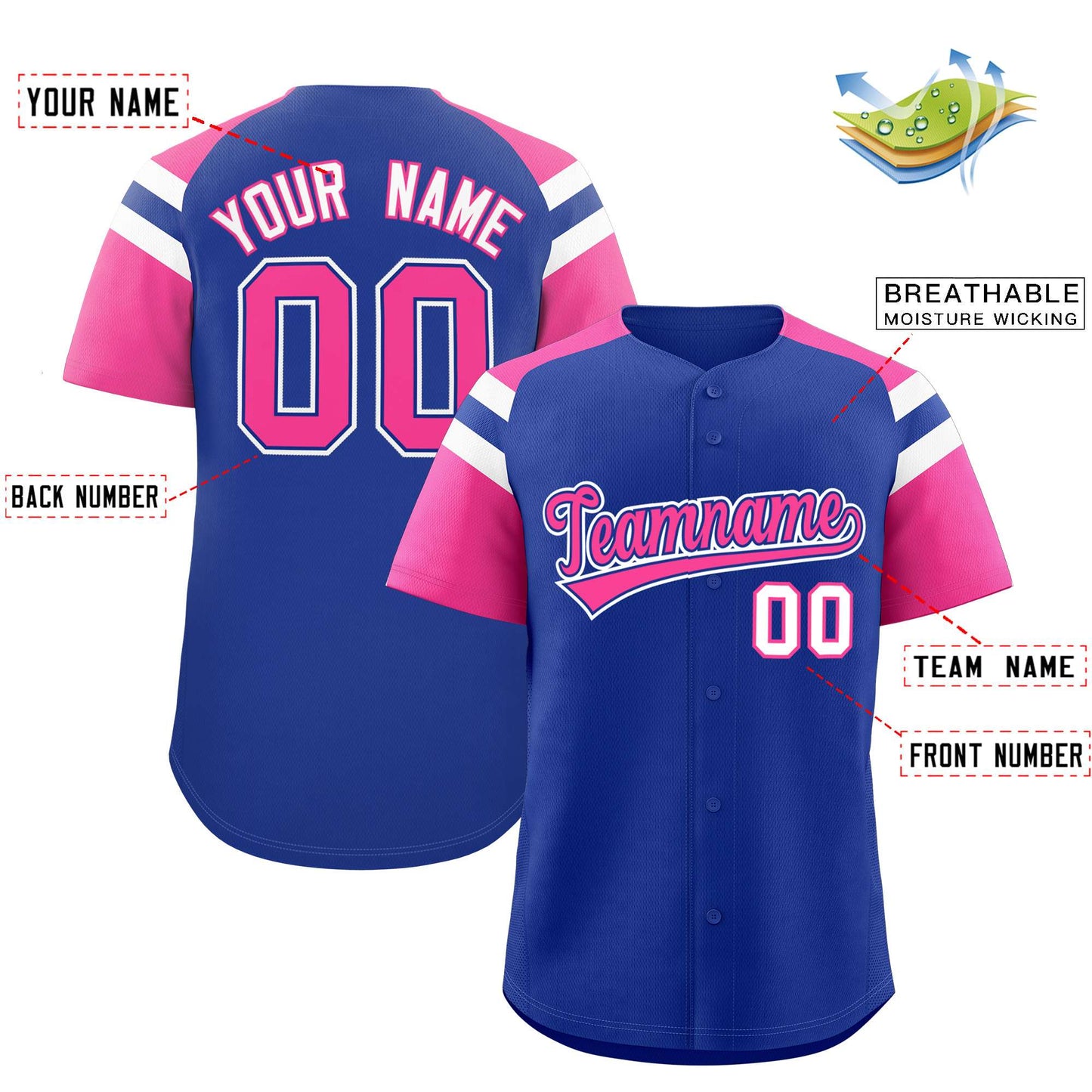 Custom Royal Pink Contrast Raglan Sleeves Authentic Baseball Jersey Limited