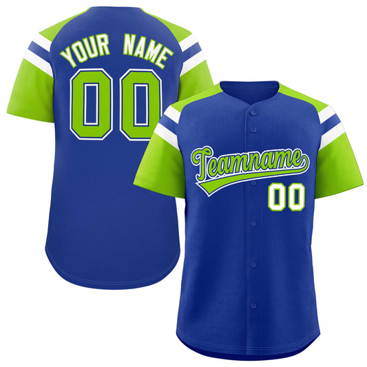 Custom Royal Neon Green Contrast Raglan Sleeves Authentic Baseball Jersey