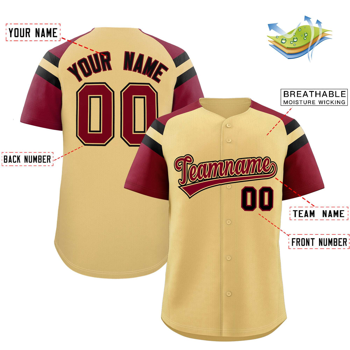 Custom Khaki Crimson Contrast Raglan Sleeves Authentic Baseball Jersey Limited