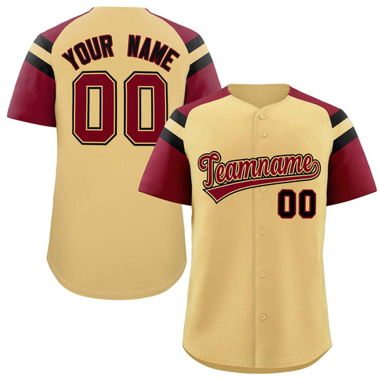 Custom Khaki Crimson Contrast Raglan Sleeves Authentic Baseball Jersey