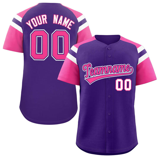 Custom Purple Pink Contrast Raglan Sleeves Authentic Baseball Jersey