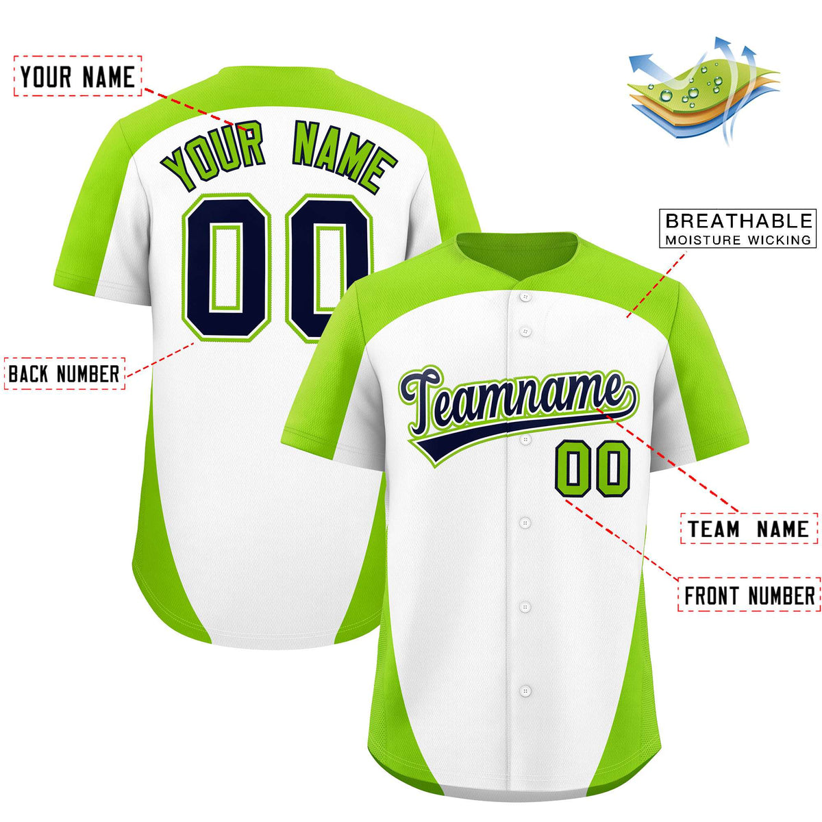 Custom White Neon Green Personalized Edge Color Block Authentic Baseball Jersey Limited