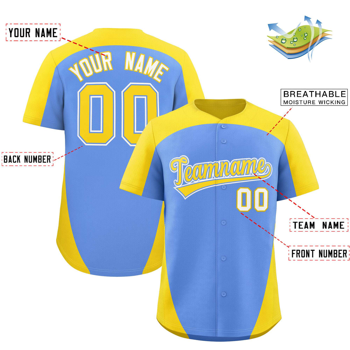 Custom Light Blue Gold Personalized Edge Color Block Authentic Baseball Jersey Limited