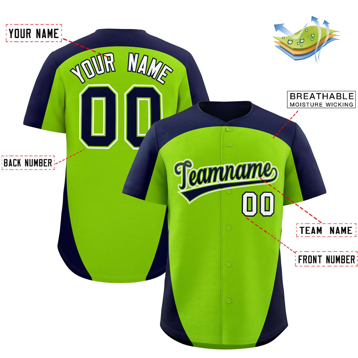 Custom Neon Green Navy Personalized Edge Color Block Authentic Baseball Jersey Limited