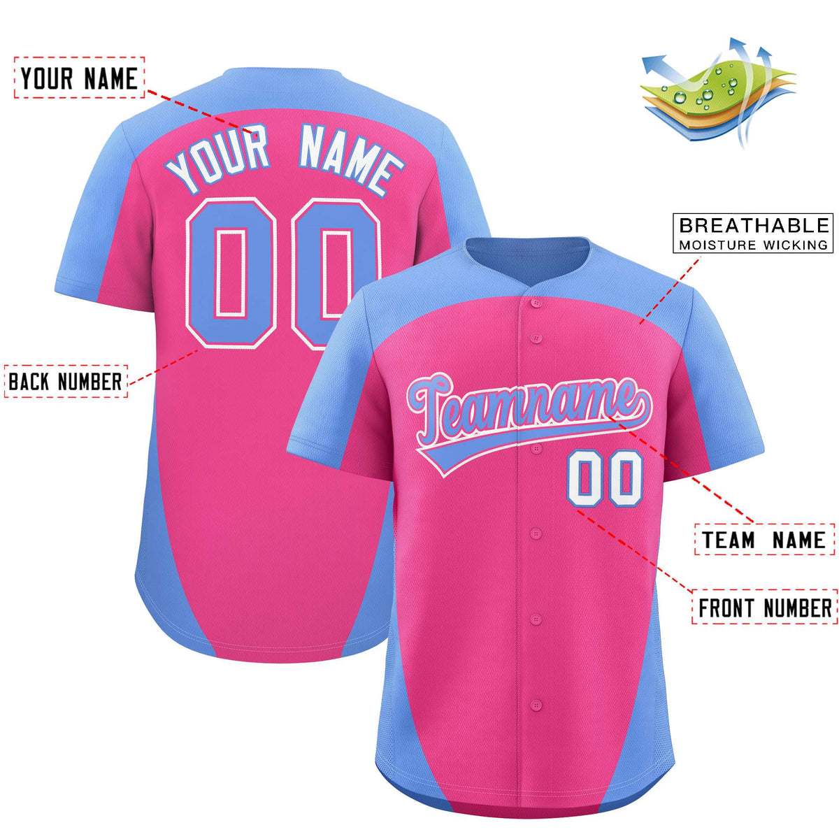 Custom Pink Light Blue Personalized Edge Color Block Authentic Baseball Jersey Limited