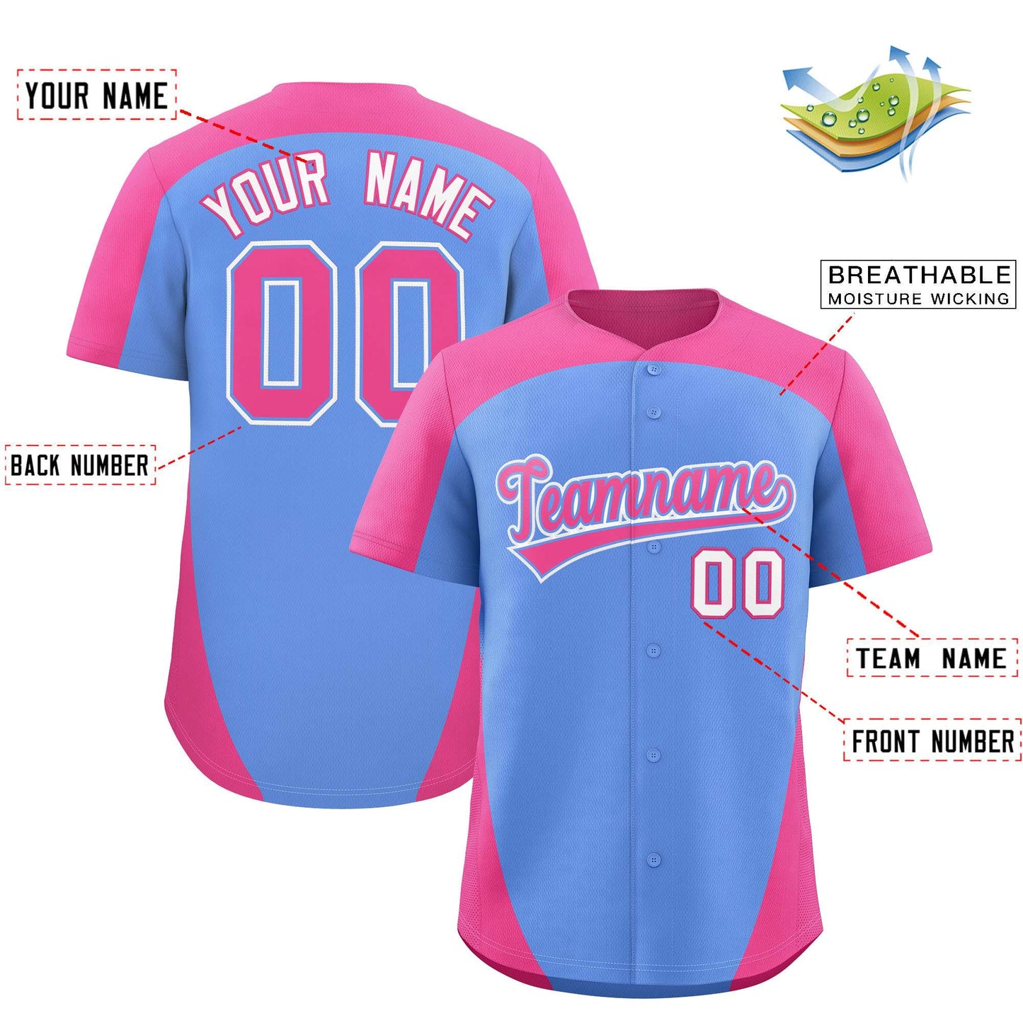 Custom Light Blue Pink Personalized Edge Color Block Authentic Baseball Jersey Limited