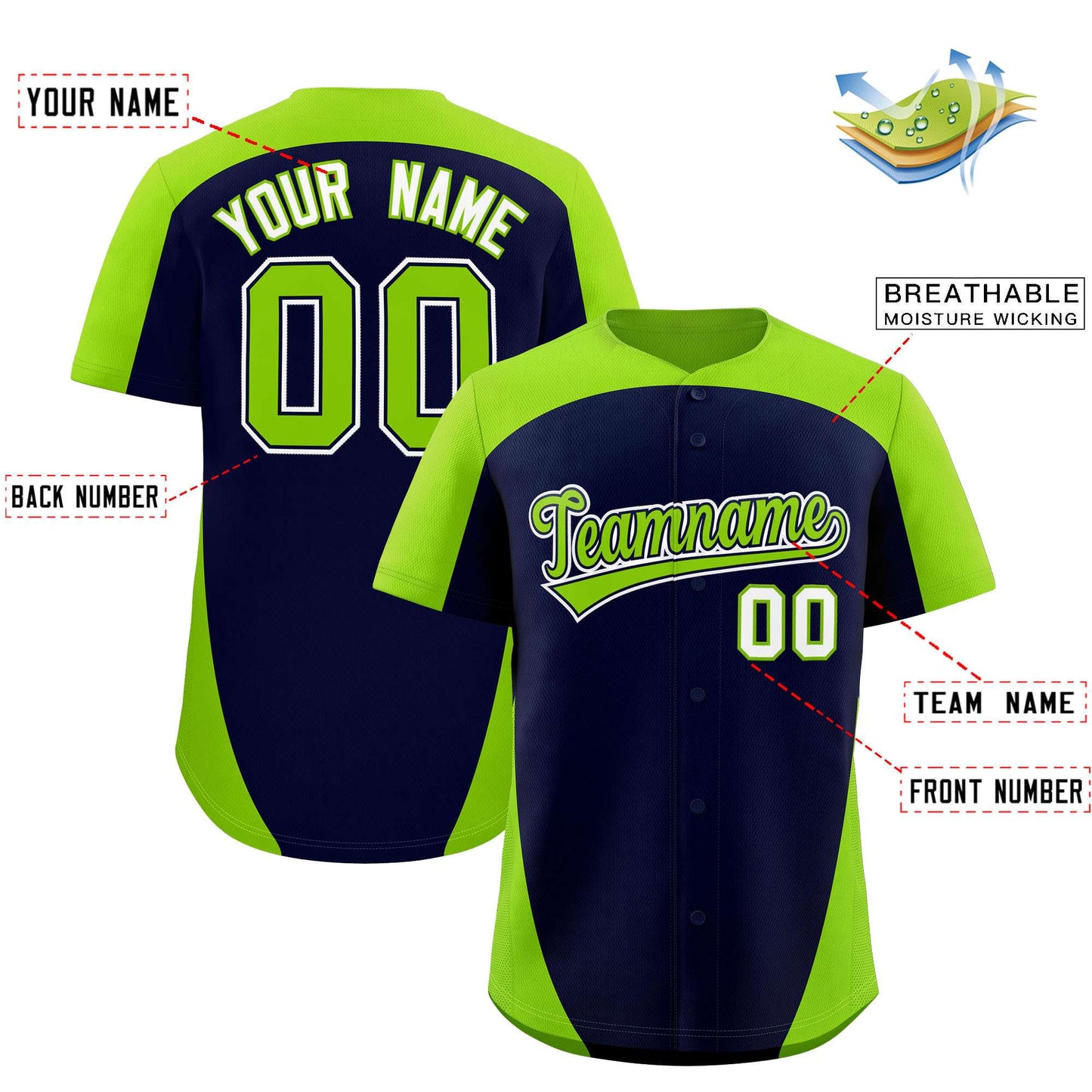 Custom Navy Neon Green Personalized Edge Color Block Authentic Baseball Jersey Limited