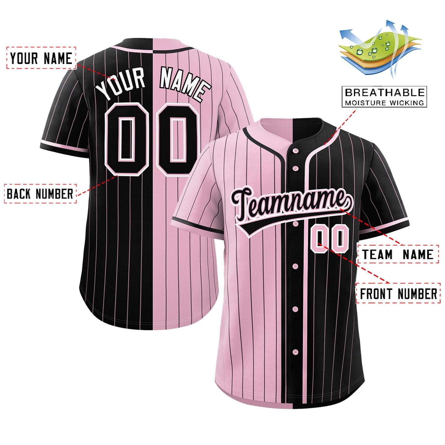 Custom Light Pink Black Two Tone Striped Fashion Authentic Baseball Jersey Limited