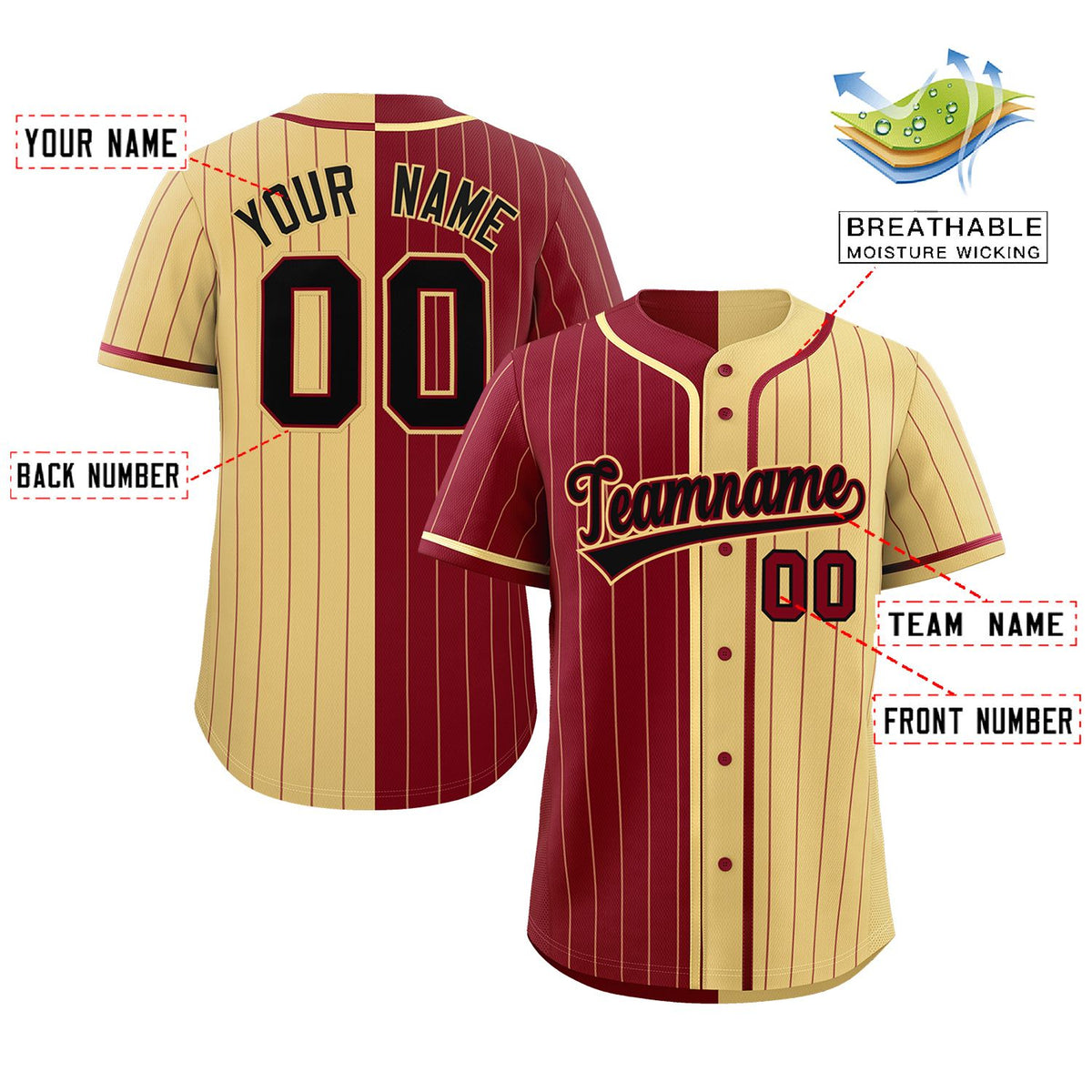 Custom Crimson Khaki Two Tone Striped Fashion Authentic Baseball Jersey Limited