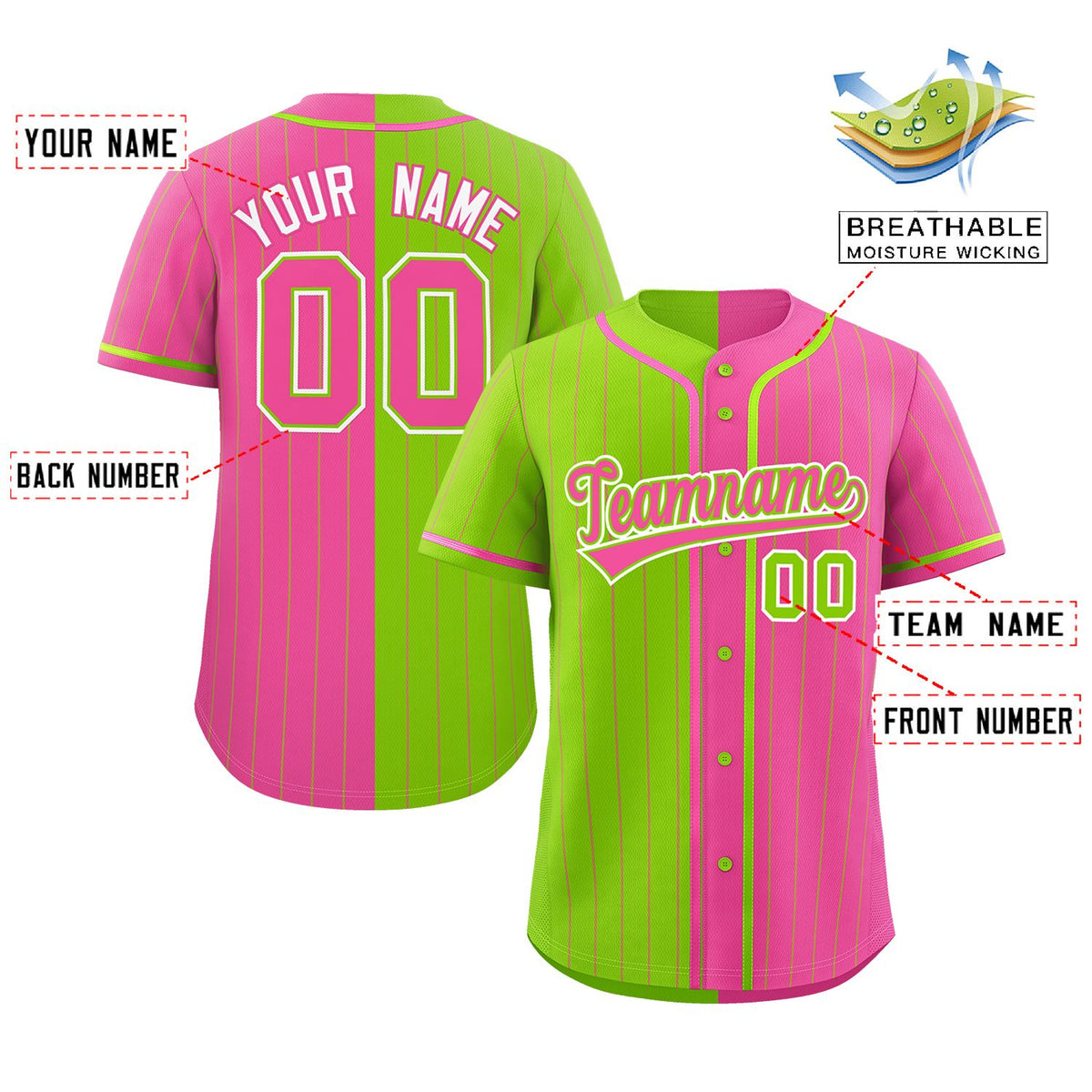 Custom Neon Green Pink Two Tone Striped Fashion Authentic Baseball Jersey Limited