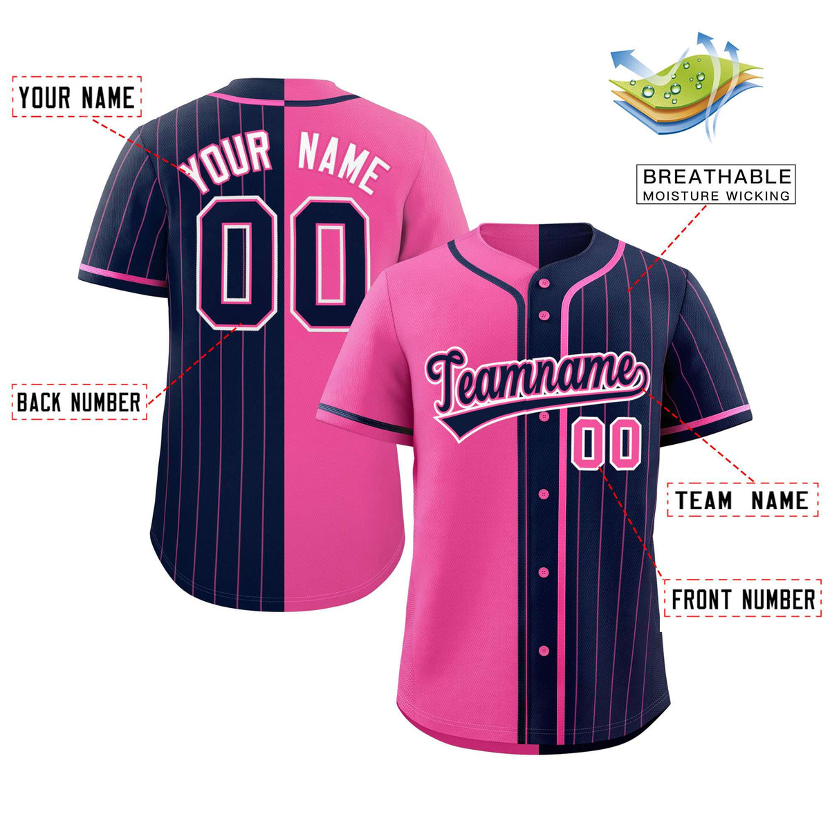 Custom Pink Navy Stripe-Solid Combo Fashion Authentic Baseball Jersey Limited
