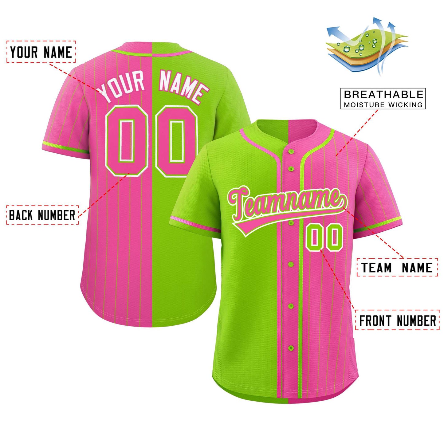 Custom Neon Green Pink Stripe-Solid Combo Fashion Authentic Baseball Jersey Limited