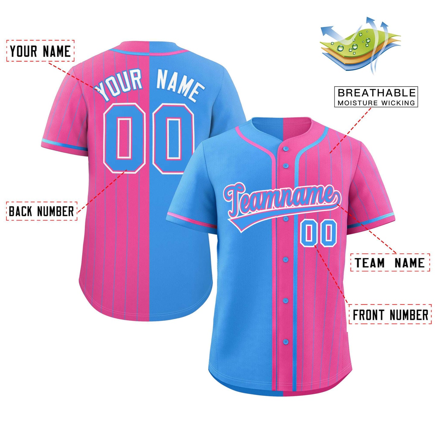 Custom Powder Blue Pink Stripe-Solid Combo Fashion Authentic Baseball Jersey Limited