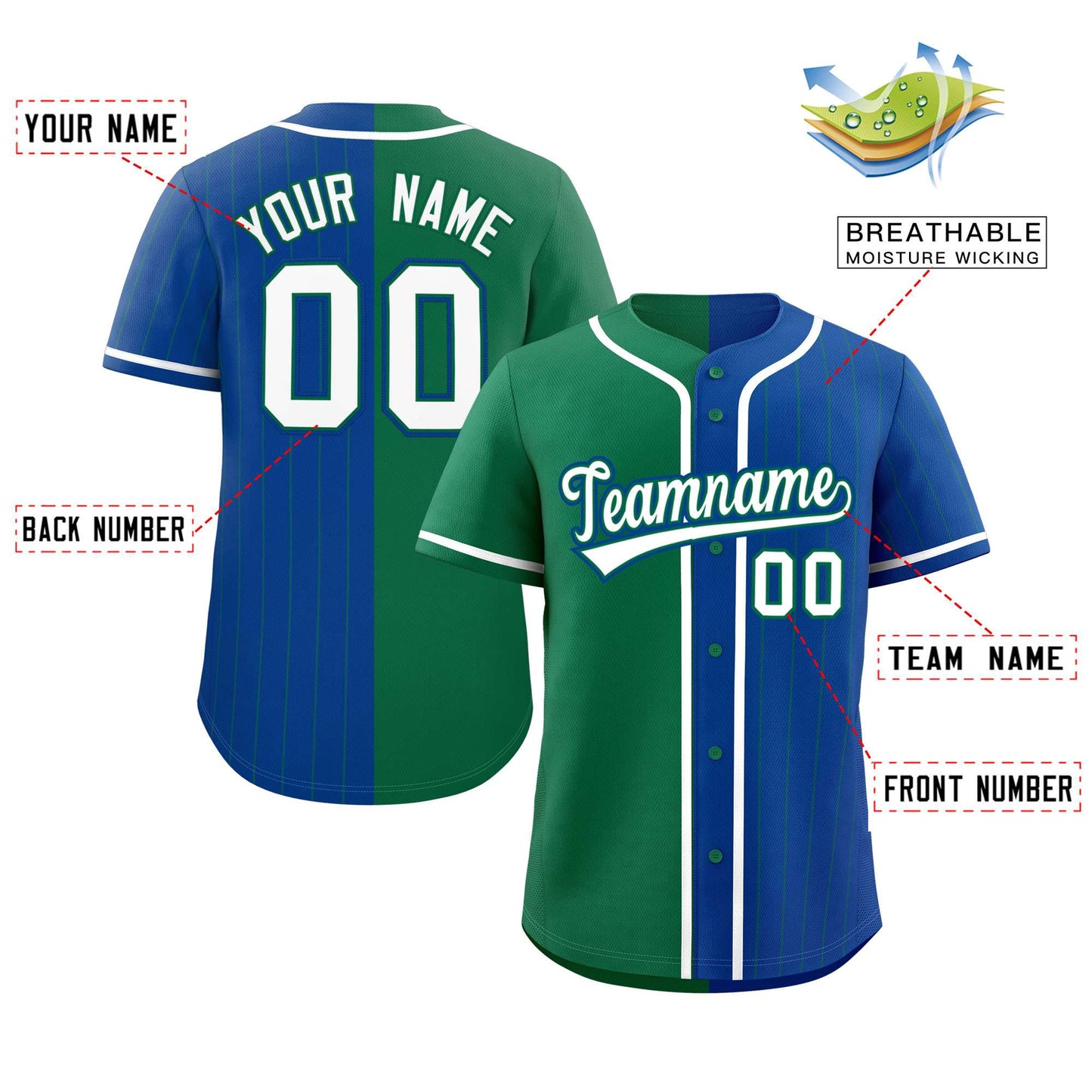 Custom Kelly Green Royal Stripe-Solid Combo Fashion Authentic Baseball Jersey Limited